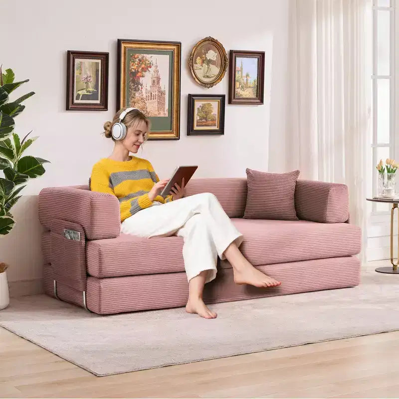 5-in-1 Convertible Corduroy Sofa Bed w/ Pillows, 79 Folding Futon Sleeper Couch w/ Fixed Frame & Removable Armrests for Small Space, No Assembly