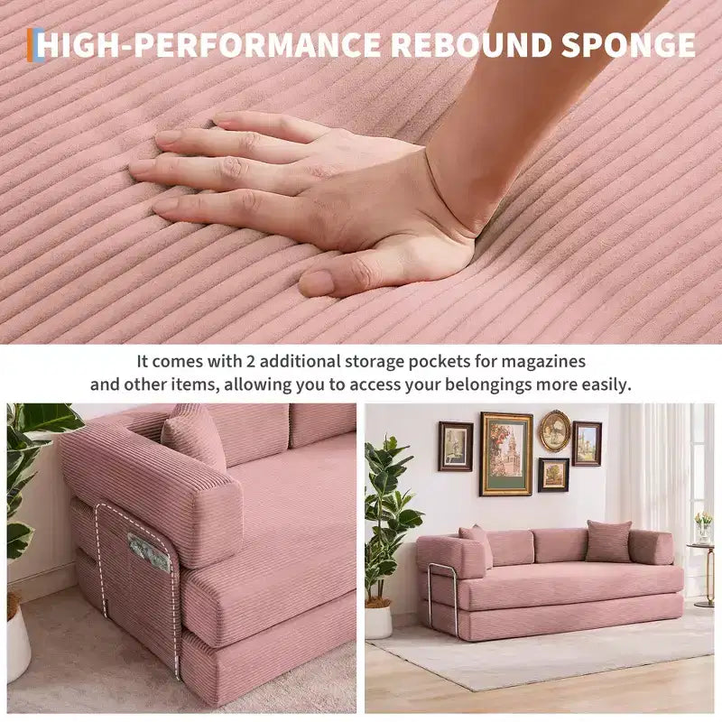 5-in-1 Convertible Corduroy Sofa Bed w/ Pillows, 79 Folding Futon Sleeper Couch w/ Fixed Frame & Removable Armrests for Small Space, No Assembly
