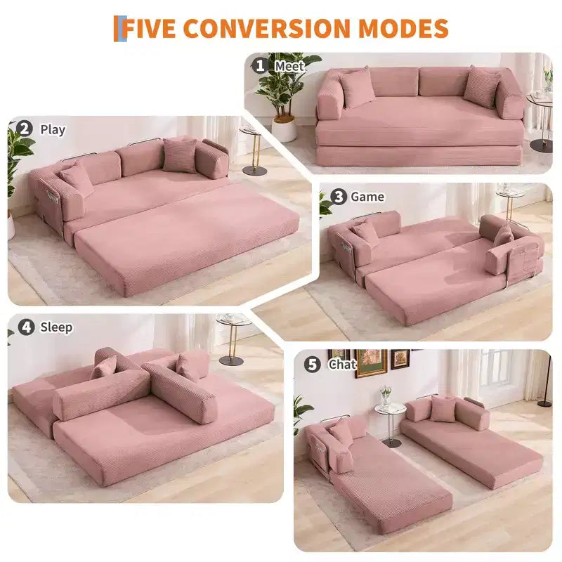 5-in-1 Convertible Corduroy Sofa Bed w/ Pillows, 79 Folding Futon Sleeper Couch w/ Fixed Frame & Removable Armrests for Small Space, No Assembly