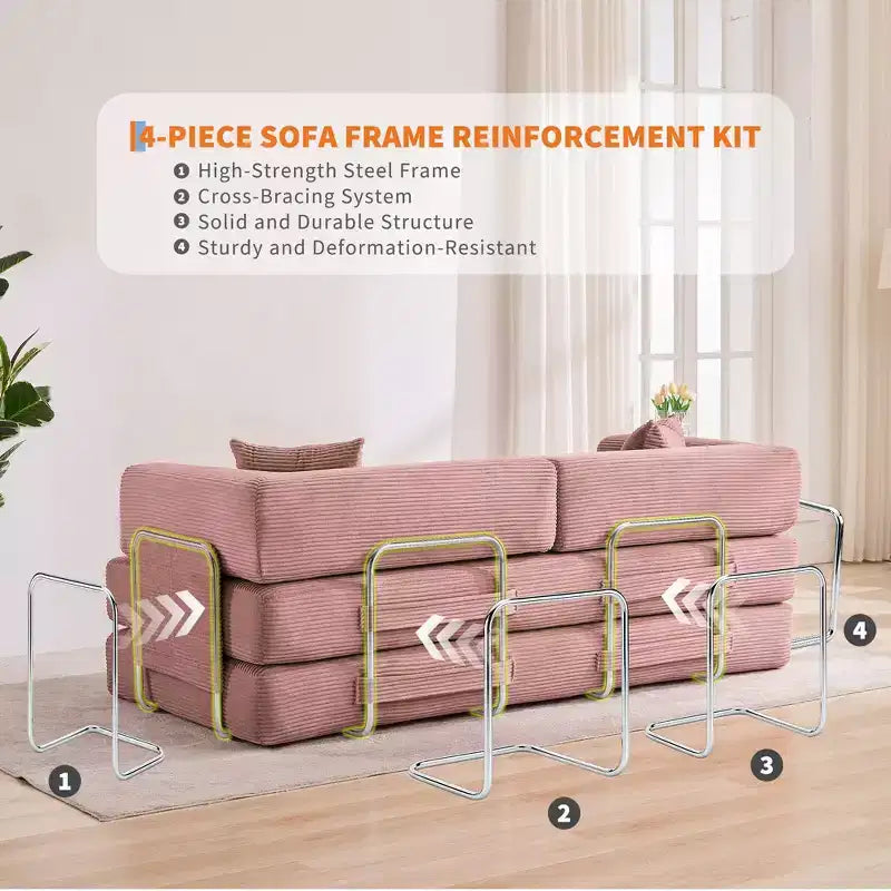 5-in-1 Convertible Corduroy Sofa Bed w/ Pillows, 79 Folding Futon Sleeper Couch w/ Fixed Frame & Removable Armrests for Small Space, No Assembly