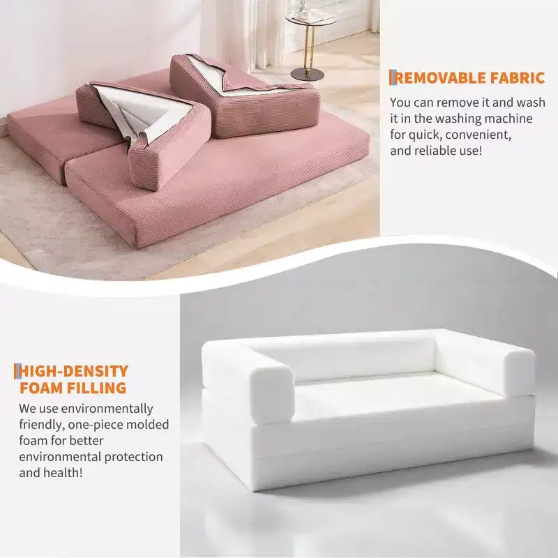 5-in-1 Convertible Corduroy Sofa Bed w/ Pillows, 79 Folding Futon Sleeper Couch w/ Fixed Frame & Removable Armrests for Small Space, No Assembly