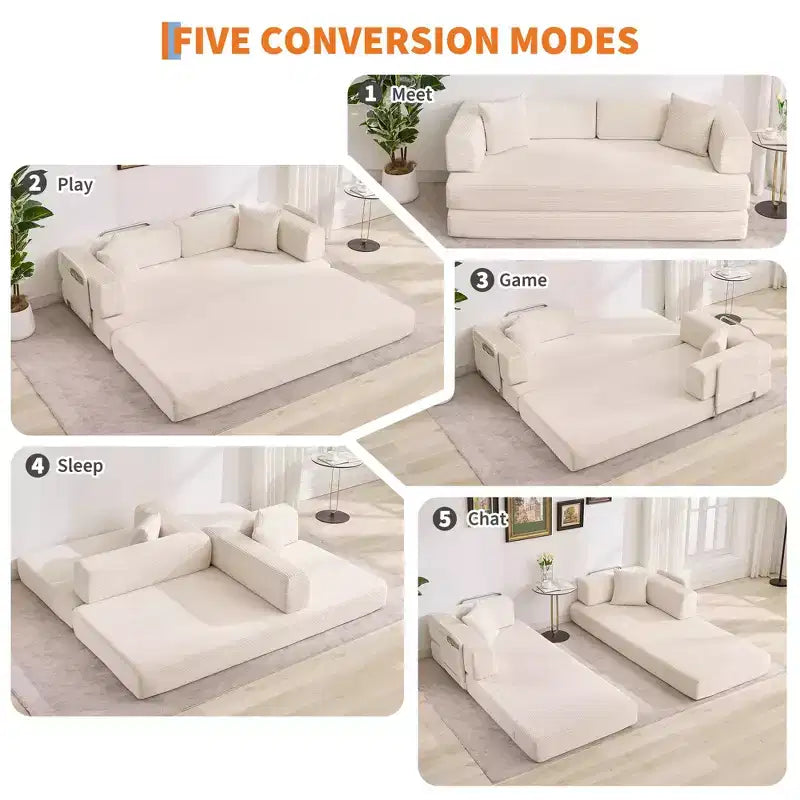 5-in-1 Convertible Corduroy Sofa Bed w/ Pillows, 79 Folding Futon Sleeper Couch w/ Fixed Frame & Removable Armrests for Small Space, No Assembly