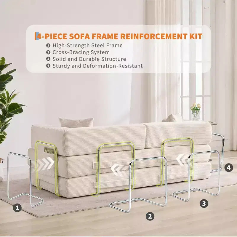 5-in-1 Convertible Corduroy Sofa Bed w/ Pillows, 79 Folding Futon Sleeper Couch w/ Fixed Frame & Removable Armrests for Small Space, No Assembly