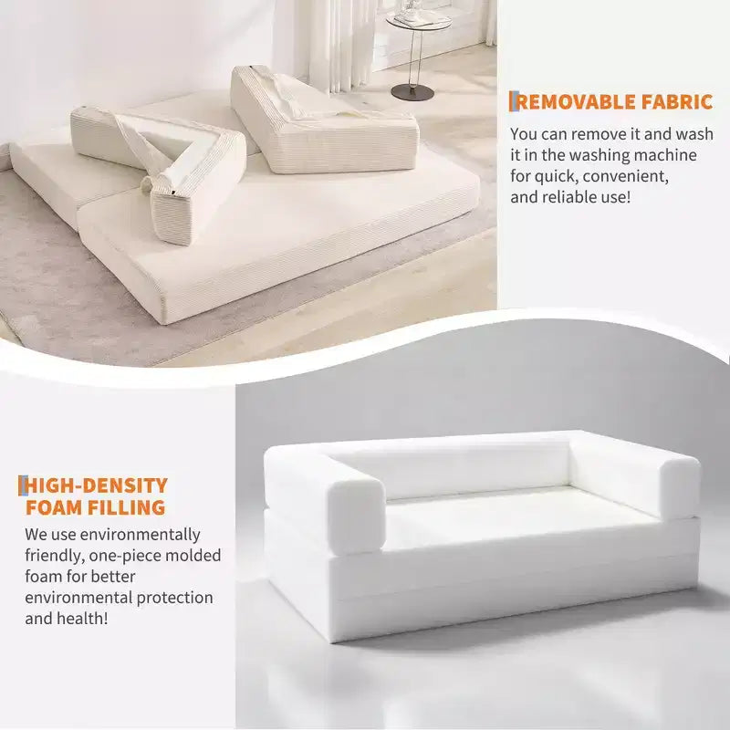 5-in-1 Convertible Corduroy Sofa Bed w/ Pillows, 79 Folding Futon Sleeper Couch w/ Fixed Frame & Removable Armrests for Small Space, No Assembly