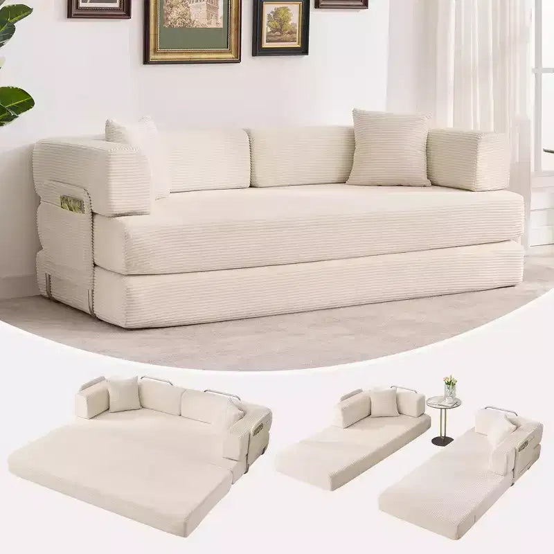 5-in-1 Convertible Corduroy Sofa Bed w/ Pillows, 79 Folding Futon Sleeper Couch w/ Fixed Frame & Removable Armrests for Small Space, No Assembly