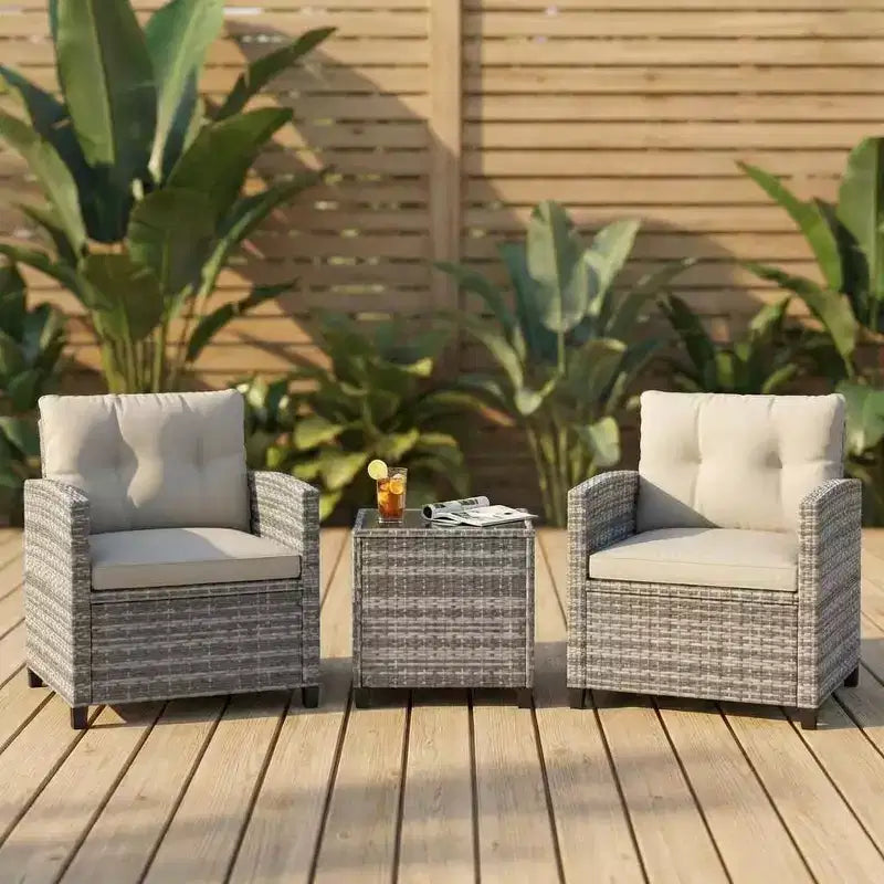 3 Piece PE Rattan Patio Furniture Set, Outdoor Chairs and Table Set with Tempered Glass Tabletop and Cushions, Patio Conversation Set for Balcony