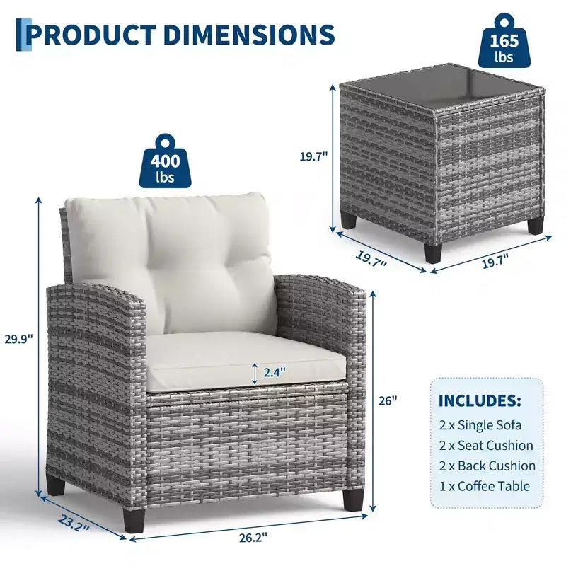 Ensemble de mobilier de jardin 3 pièces en rotin PE, chaises et table d'extérieur avec plateau en verre trempé et coussins, ensemble de conversation de patio pour balcon