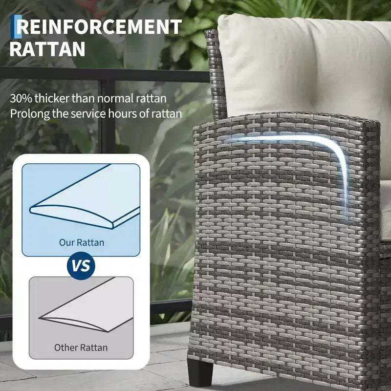 Ensemble de mobilier de jardin 3 pièces en rotin PE, chaises et table d'extérieur avec plateau en verre trempé et coussins, ensemble de conversation de patio pour balcon
