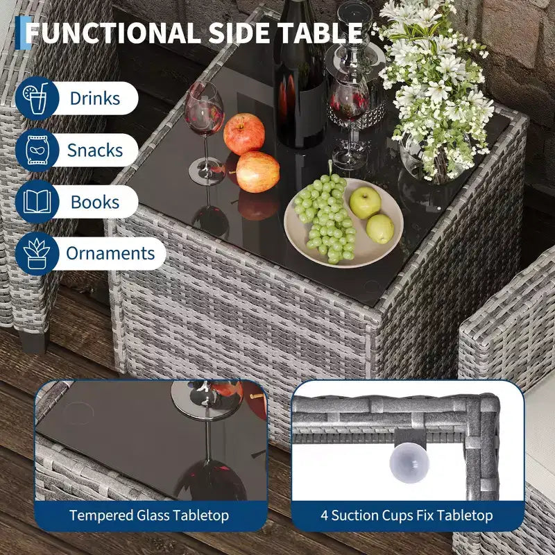 Ensemble de mobilier de jardin 3 pièces en rotin PE, chaises et table d'extérieur avec plateau en verre trempé et coussins, ensemble de conversation de patio pour balcon