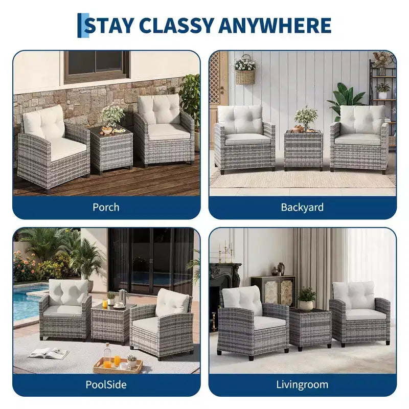 Ensemble de mobilier de jardin 3 pièces en rotin PE, chaises et table d'extérieur avec plateau en verre trempé et coussins, ensemble de conversation de patio pour balcon