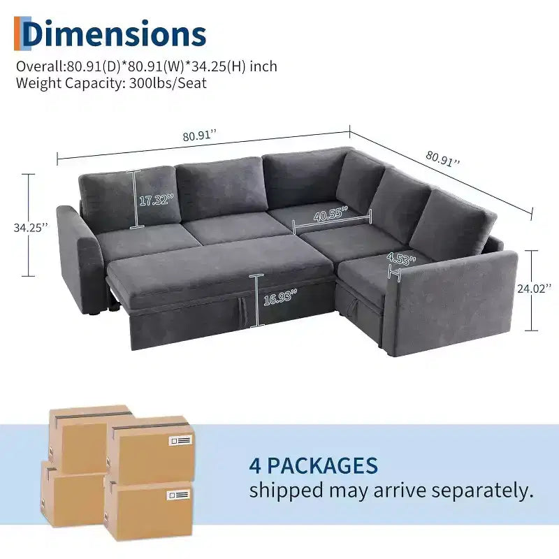 Acekool Chenille Sectional Sofa with Pull-Out Bed, Gray | Modular L-Shaped Couch with Storage Seats & Corner Piece Product Description