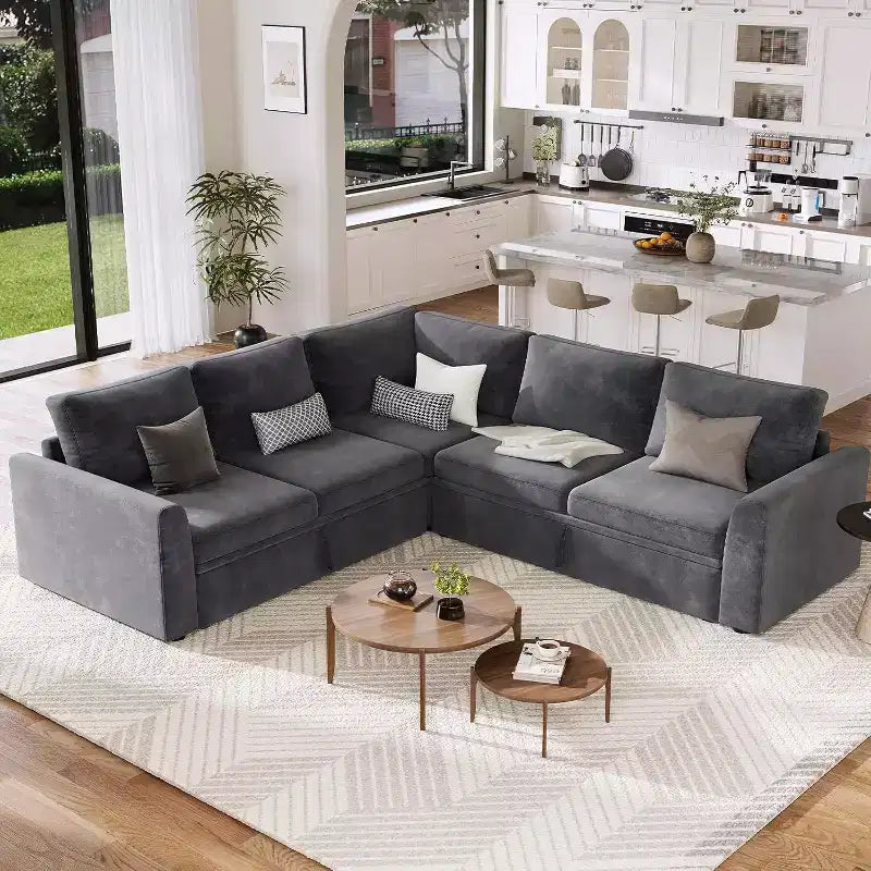 Acekool Chenille Sectional Sofa with Pull-Out Bed, Gray | Modular L-Shaped Couch with Storage Seats & Corner Piece Product Description