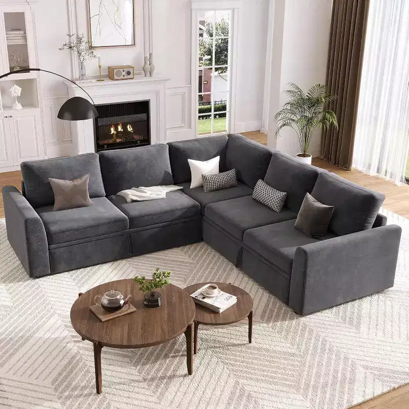Acekool Chenille Sectional Sofa with Pull-Out Bed, Gray | Modular L-Shaped Couch with Storage Seats & Corner Piece Product Description
