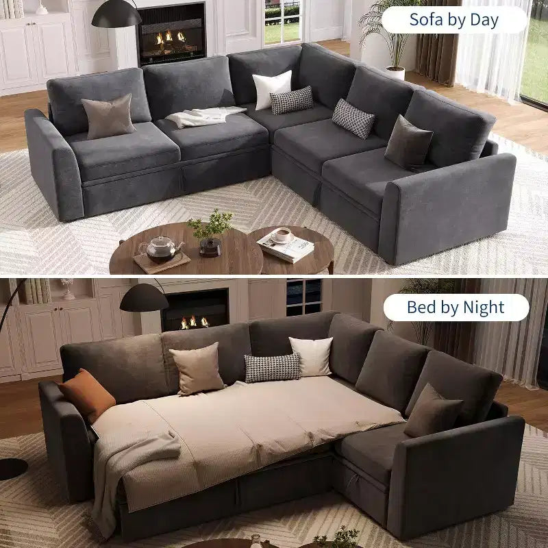 Acekool Chenille Sectional Sofa with Pull-Out Bed, Gray | Modular L-Shaped Couch with Storage Seats & Corner Piece Product Description
