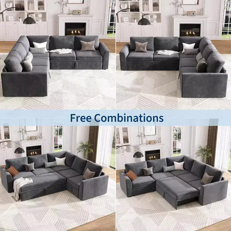 Acekool Chenille Sectional Sofa with Pull-Out Bed, Gray | Modular L-Shaped Couch with Storage Seats & Corner Piece Product Description