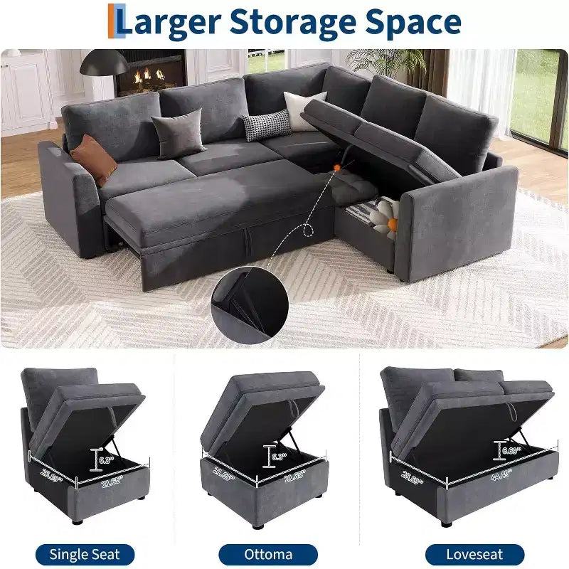 Acekool Chenille Sectional Sofa with Pull-Out Bed, Gray | Modular L-Shaped Couch with Storage Seats & Corner Piece Product Description