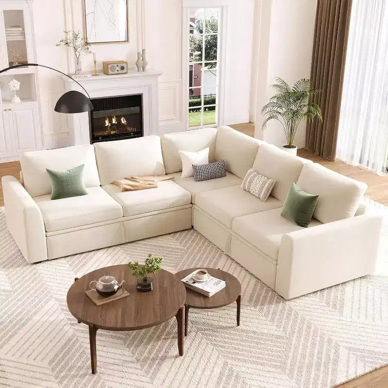 Acekool Chenille Sectional Sofa with Pull-Out Bed, Gray | Modular L-Shaped Couch with Storage Seats & Corner Piece Product Description