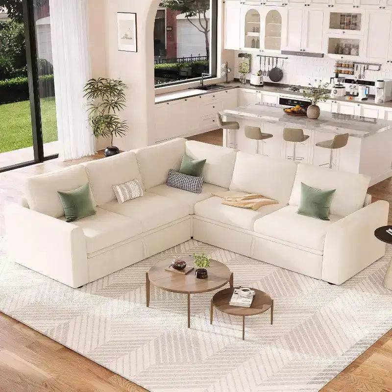 Acekool Chenille Sectional Sofa with Pull-Out Bed, Gray | Modular L-Shaped Couch with Storage Seats & Corner Piece Product Description