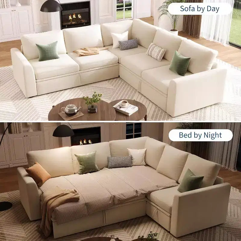 Acekool Chenille Sectional Sofa with Pull-Out Bed, Gray | Modular L-Shaped Couch with Storage Seats & Corner Piece Product Description