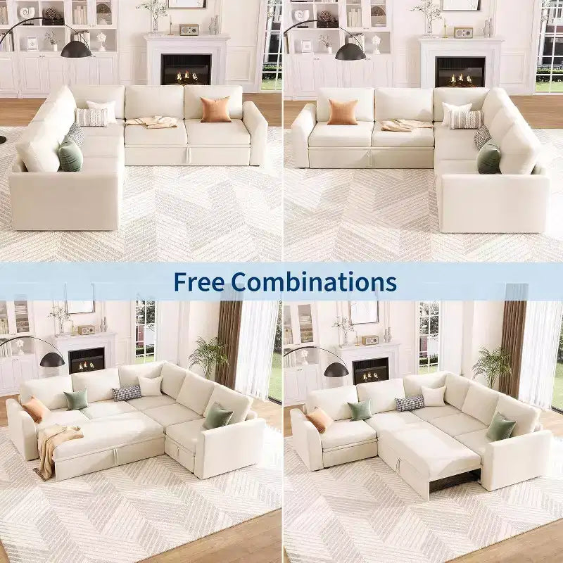 Acekool Chenille Sectional Sofa with Pull-Out Bed, Gray | Modular L-Shaped Couch with Storage Seats & Corner Piece Product Description
