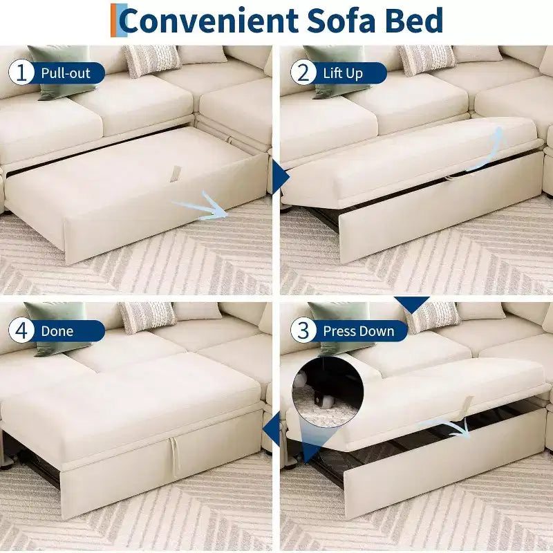 Acekool Chenille Sectional Sofa with Pull-Out Bed, Gray | Modular L-Shaped Couch with Storage Seats & Corner Piece Product Description