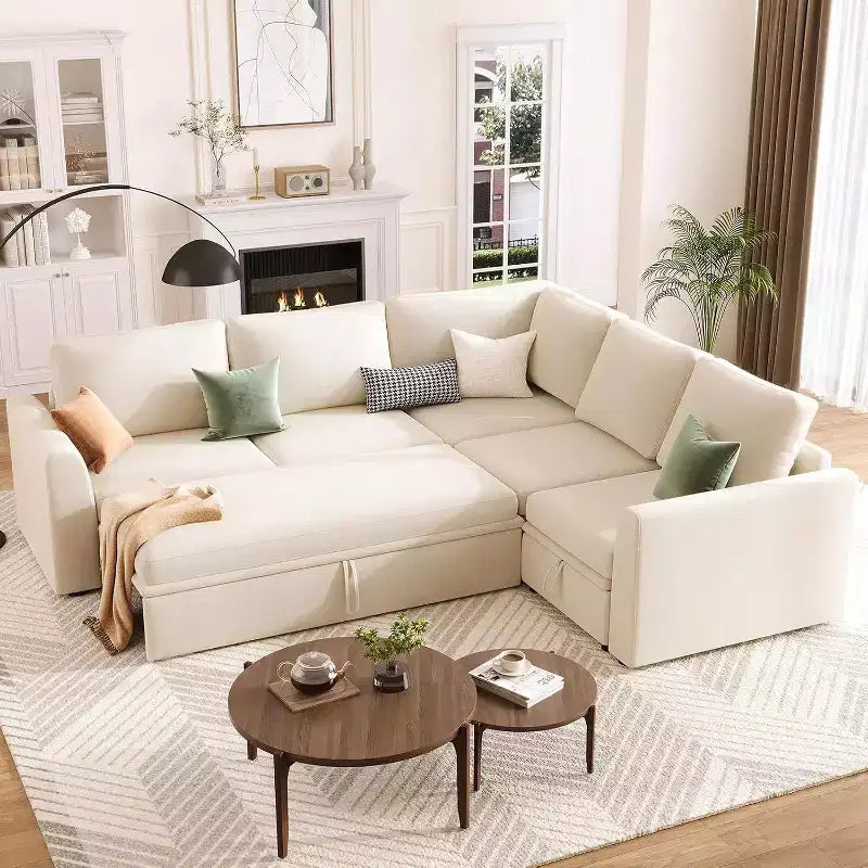 Acekool Chenille Sectional Sofa with Pull-Out Bed, Gray | Modular L-Shaped Couch with Storage Seats & Corner Piece Product Description