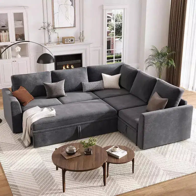 Sofá seccional de chenilla Acekool con cama extraíble, gris | Sofá modular en forma de L con asientos de almacenamiento y pieza de esquina Descripción del producto