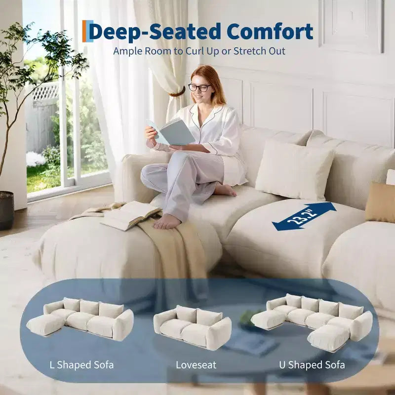 2 Pack Modern Chenille Modular Cloud Sofa Set, Deep Seat Boneless Sectional Couch, 2-Seater Loveseat, U-Shape, For Living Room or Small Spaces