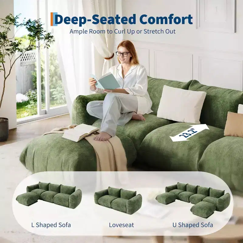 2 Pack Modern Chenille Modular Cloud Sofa Set, Deep Seat Boneless Sectional Couch, 2-Seater Loveseat, U-Shape, For Living Room or Small Spaces