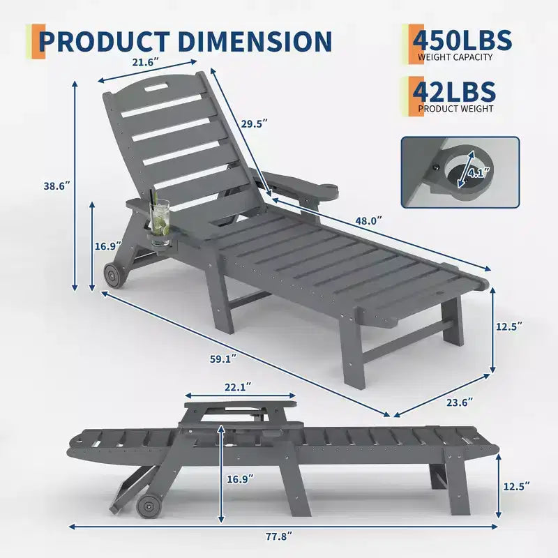 Juego de 2 tumbonas plegables ajustables de 5 posiciones de HDPE, reclinables para patio al aire libre con portavasos, ruedas, apoyabrazos, resina duradera