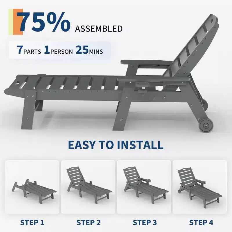 Juego de 2 tumbonas plegables ajustables de 5 posiciones de HDPE, reclinables para patio al aire libre con portavasos, ruedas, apoyabrazos, resina duradera