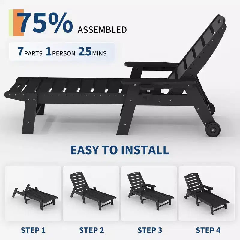 Juego de 2 tumbonas plegables ajustables de 5 posiciones de HDPE, reclinables para patio al aire libre con portavasos, ruedas, apoyabrazos, resina duradera