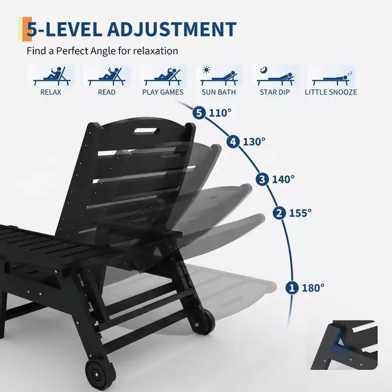Juego de 2 tumbonas plegables ajustables de 5 posiciones de HDPE, reclinables para patio al aire libre con portavasos, ruedas, apoyabrazos, resina duradera