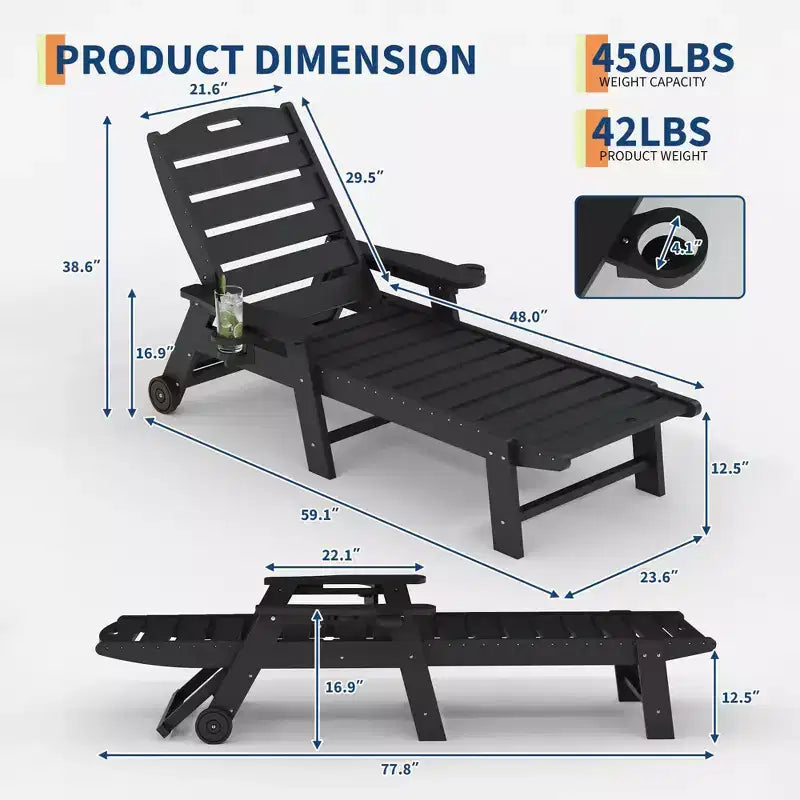 Juego de 2 tumbonas plegables ajustables de 5 posiciones de HDPE, reclinables para patio al aire libre con portavasos, ruedas, apoyabrazos, resina duradera