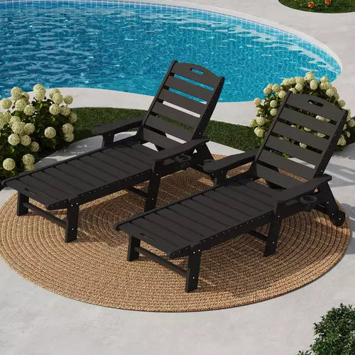 2 Pack 5-Position Adjustable HDPE Folding Chaise Lounge Chairs Set, Outdoor Patio Recliners with Cup Holder, Wheels, Armrests, Durable Resin