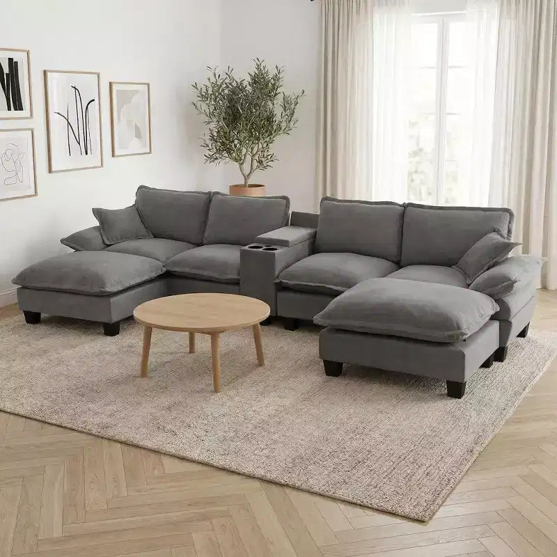 GDFStudio Vicky 143 U-Shape Chenille Upholstered Sofa with Cup Holders and Storage