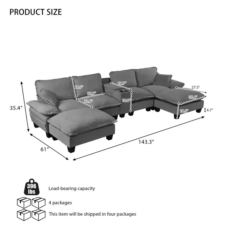 GDFStudio Vicky 143 U-Shape Chenille Upholstered Sofa with Cup Holders and Storage