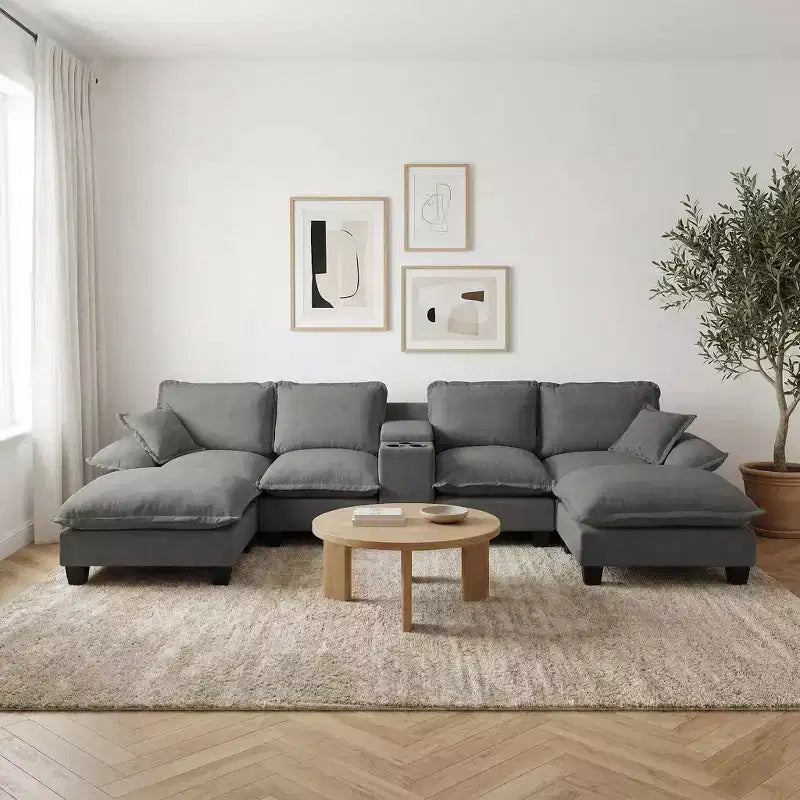 GDFStudio Vicky 143 U-Shape Chenille Upholstered Sofa with Cup Holders and Storage