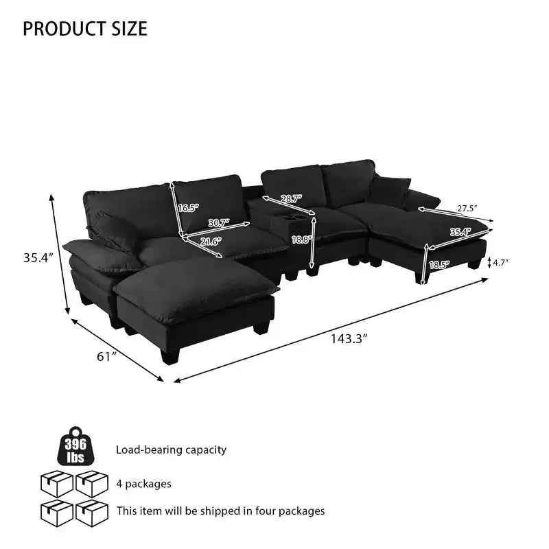GDFStudio Vicky 143 U-Shape Chenille Upholstered Sofa with Cup Holders and Storage