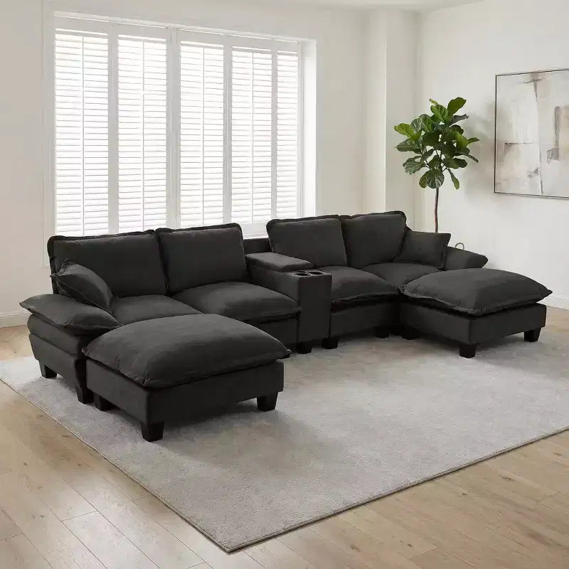 GDFStudio Vicky 143 U-Shape Chenille Upholstered Sofa with Cup Holders and Storage