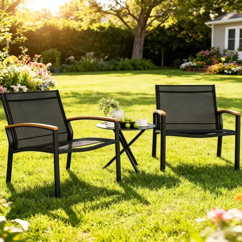 Juego de patio exterior GustoWave de 3 piezas, sillas transpirables de textileno con mesa auxiliar plegable