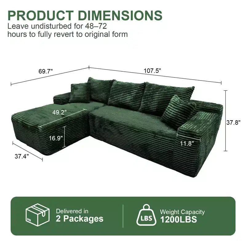 MooxvMoo 107.5 Modular Sectional Sofa, L-Shaped Boneless Couch with Deep Seat, Throw Pillow, Left Chaise for Living Room, Green