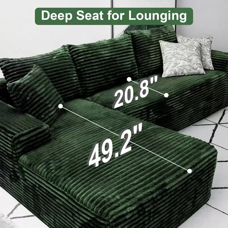 MooxvMoo 107.5 Modular Sectional Sofa, L-Shaped Boneless Couch with Deep Seat, Throw Pillow, Left Chaise for Living Room, Green