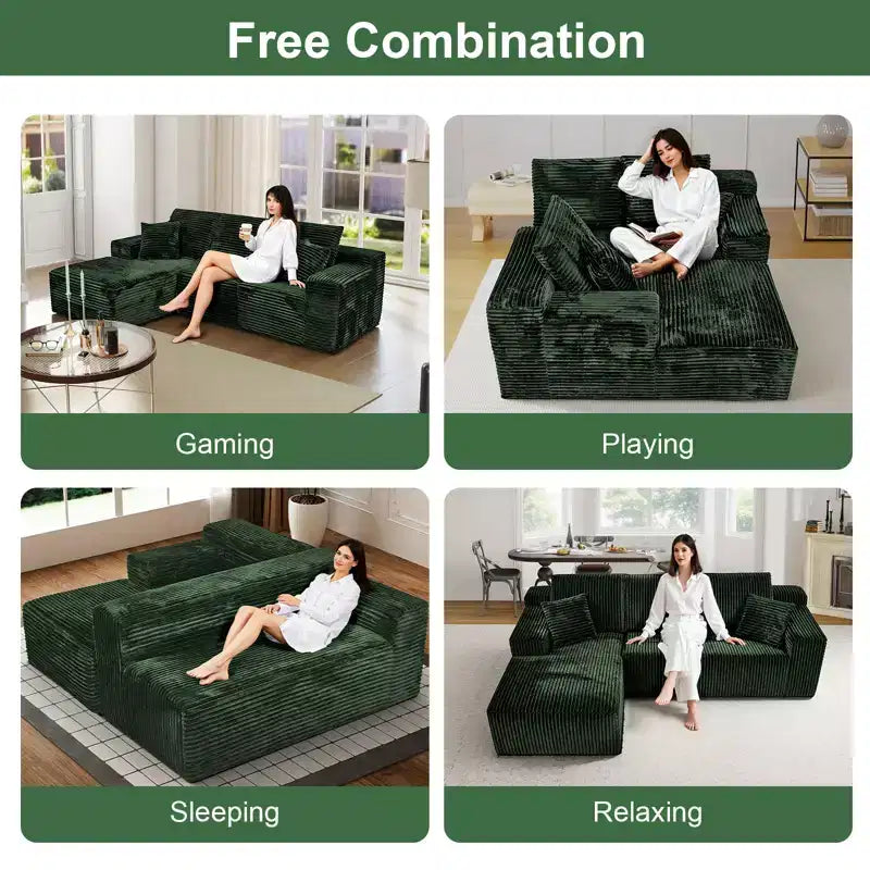 MooxvMoo 107.5 Modular Sectional Sofa, L-Shaped Boneless Couch with Deep Seat, Throw Pillow, Left Chaise for Living Room, Green