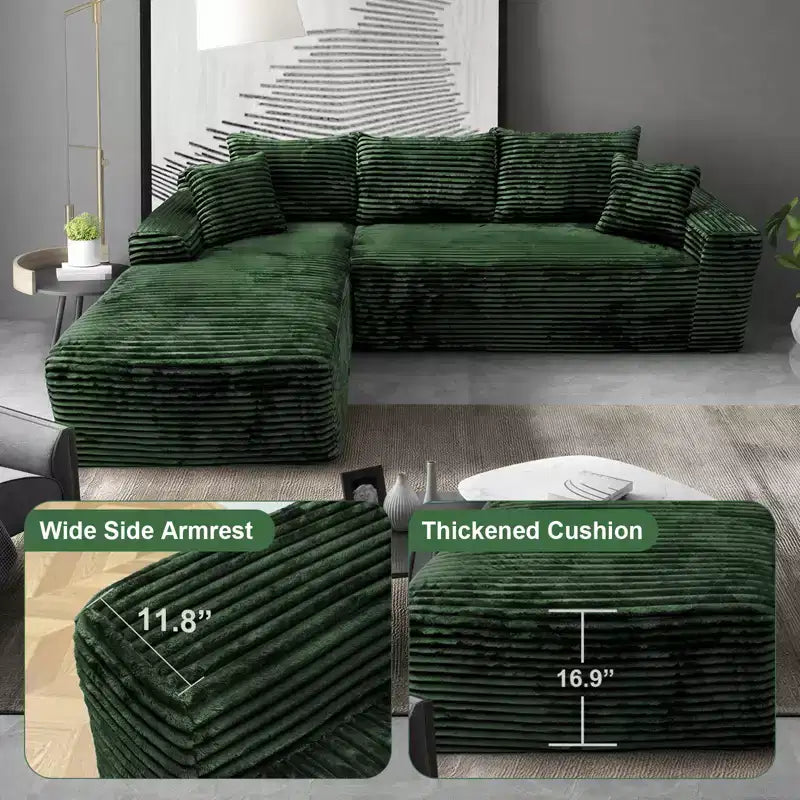 MooxvMoo 107.5 Modular Sectional Sofa, L-Shaped Boneless Couch with Deep Seat, Throw Pillow, Left Chaise for Living Room, Green