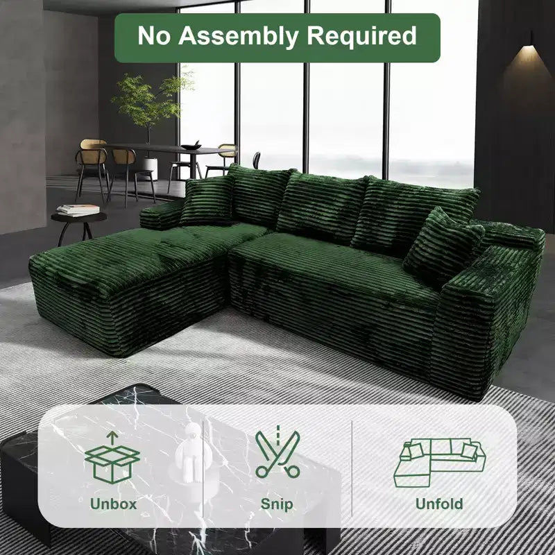 MooxvMoo 107.5 Modular Sectional Sofa, L-Shaped Boneless Couch with Deep Seat, Throw Pillow, Left Chaise for Living Room, Green