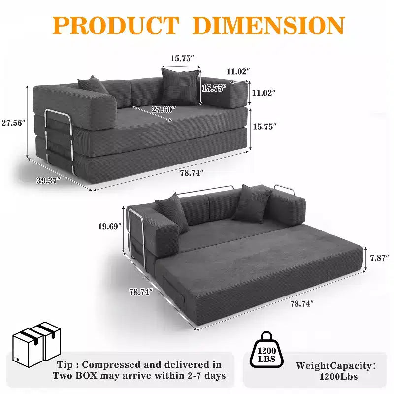 Dyonery 78.8 Boneless Futon Couch with Fixed-Shape Frame, 5-in-1 Folding Floor Sofa Bed, Convertible Modular Couch for Living Room, Corduroy