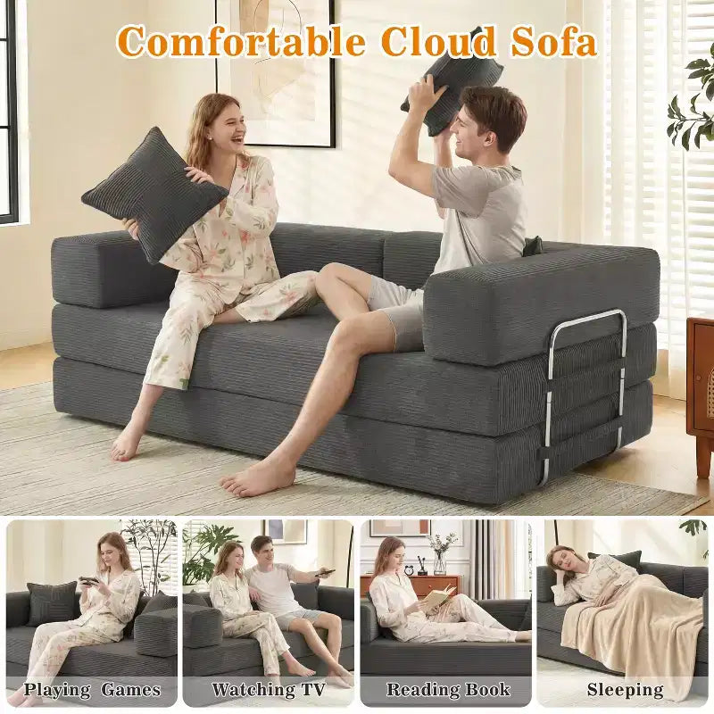 Dyonery 78.8 Boneless Futon Couch with Fixed-Shape Frame, 5-in-1 Folding Floor Sofa Bed, Convertible Modular Couch for Living Room, Corduroy