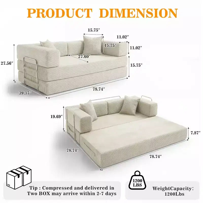 Dyonery 78.8 Boneless Futon Couch with Fixed-Shape Frame, 5-in-1 Folding Floor Sofa Bed, Convertible Modular Couch for Living Room, Corduroy
