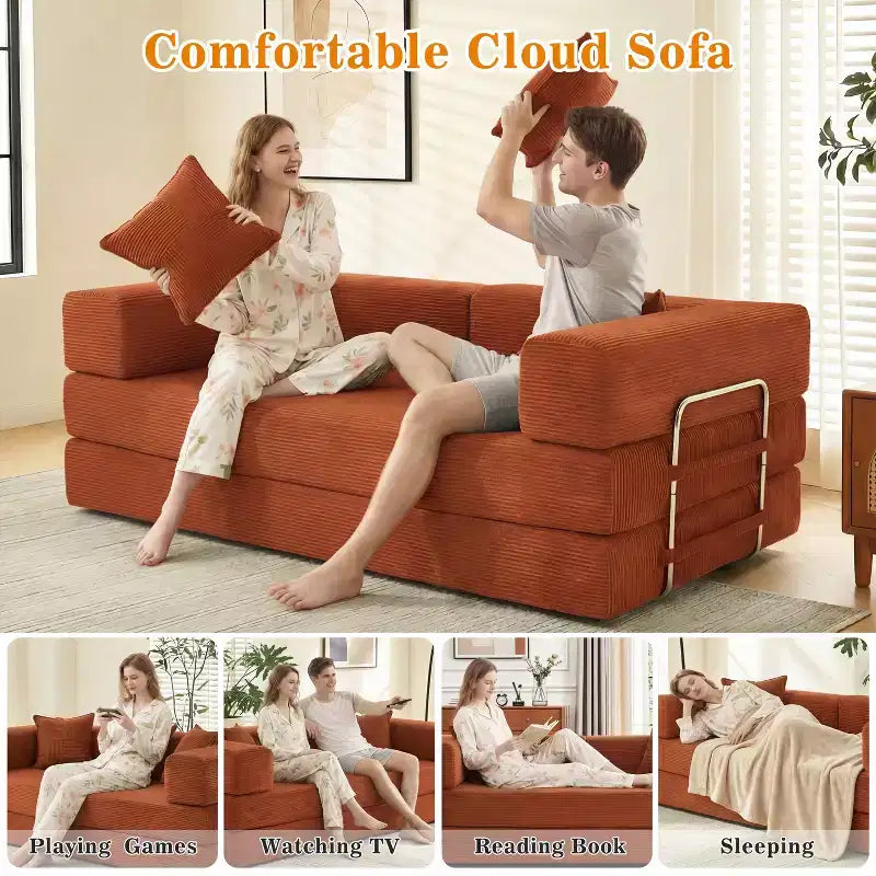 Dyonery 78.8 Boneless Futon Couch with Fixed-Shape Frame, 5-in-1 Folding Floor Sofa Bed, Convertible Modular Couch for Living Room, Corduroy